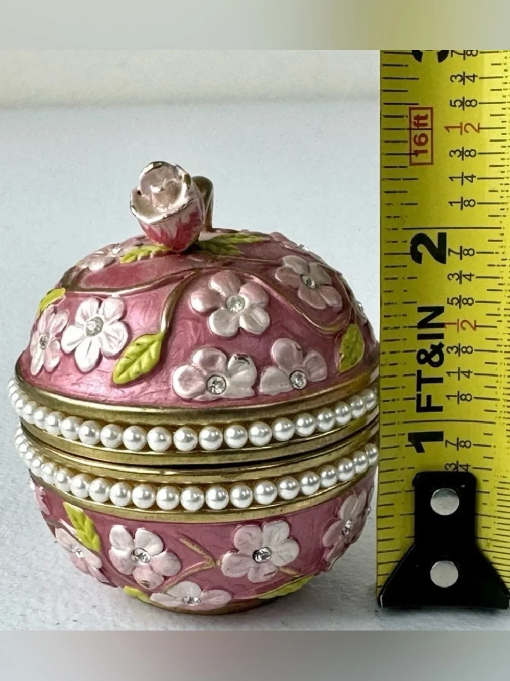 Vintage Rucinni Enamel Pink Apple Blossom Trinket Box With Swarovski Crystals